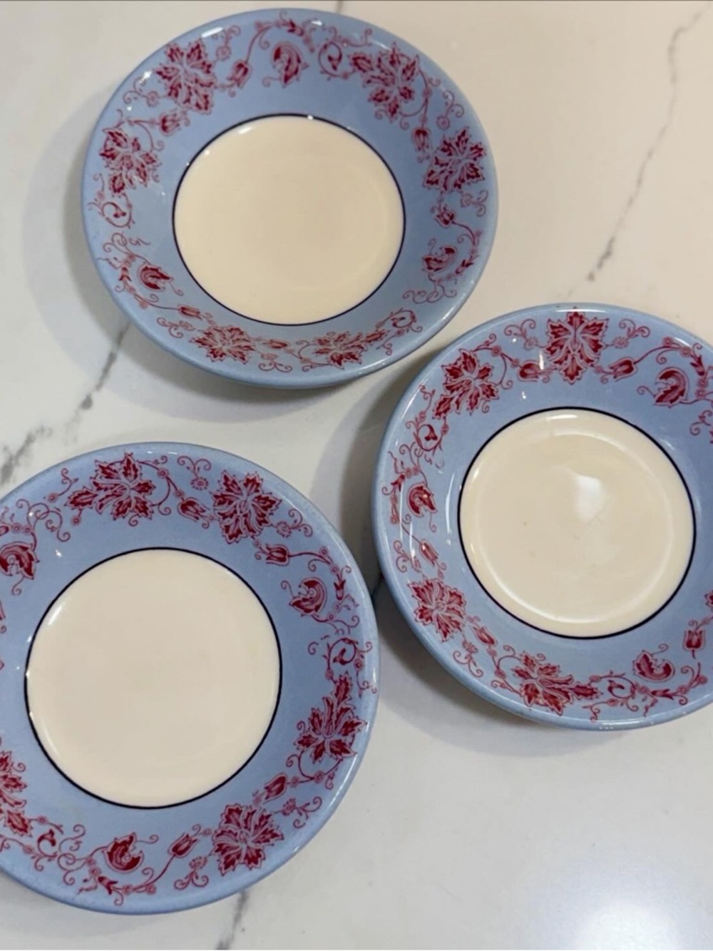 Vintage Buffalo China “Lune ne Lamelle” light blue ceramic dishes